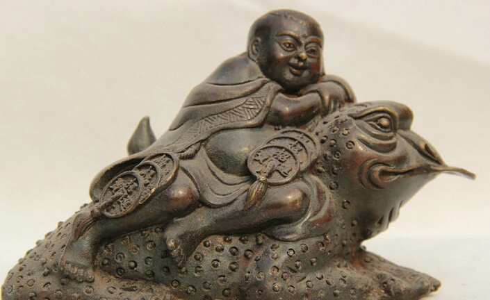 

6" Old Chinese Bronze Liu Hai Boy Lad Play Golden Toad Spittor Wealth Statue S0706