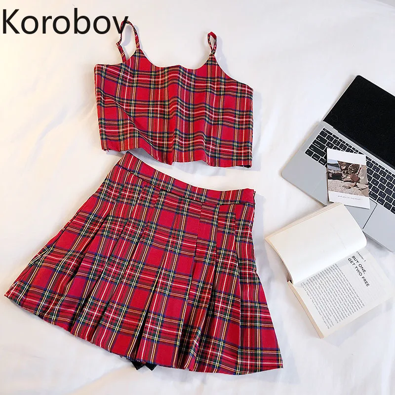 

Korobov Preppy Style Vintage Red Plaid Korean Two Piece Sets Short Tank Top + High Waist Mini Skirts Women Set Feminina 77693