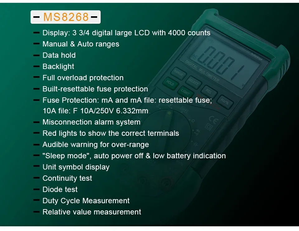 Цифровой Мультиметр MASTECH MS8268 Автоматический диапазон полная защита ac/dc Амперметр Вольтметр Ом частота Электрический тестер мультитестер