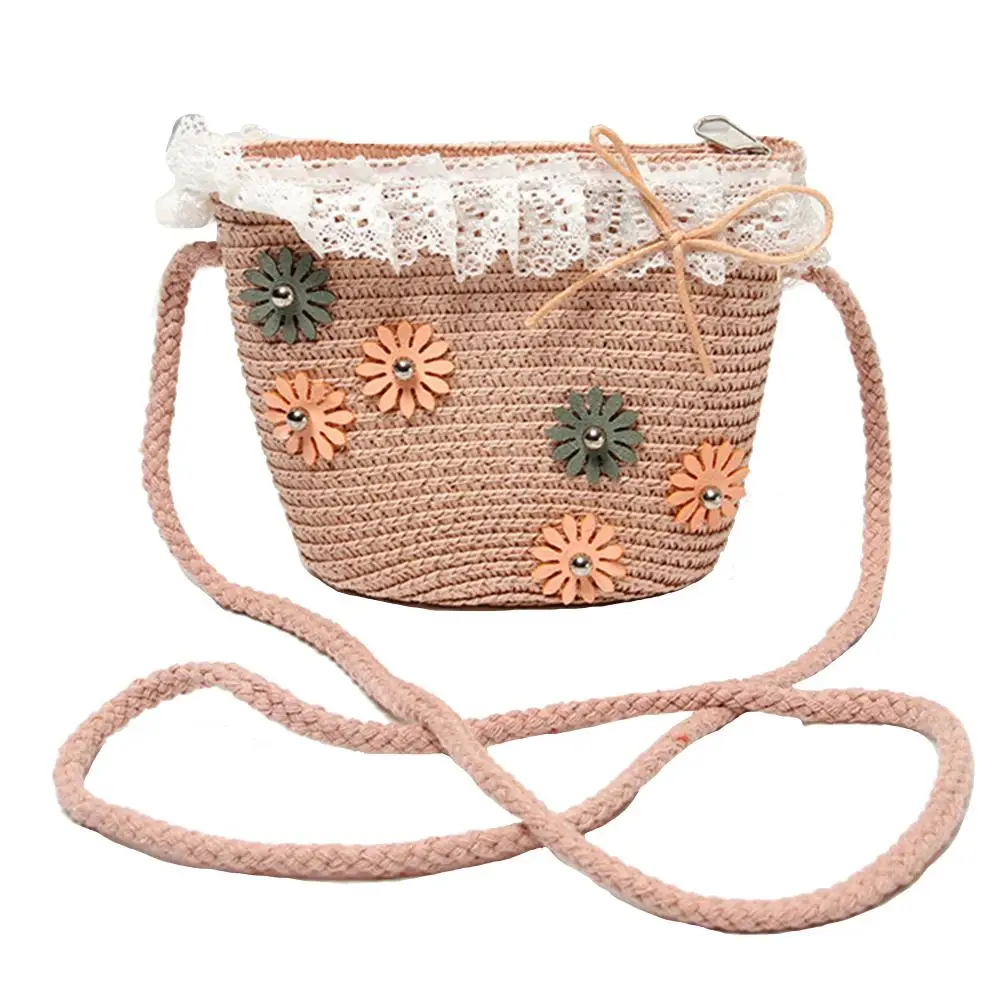 

Hot Children Girl Mini Lace Flower Bowknot Kids Beach Crossbody Shoulder Straw Bag Gift