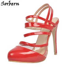 Sorbern Red Patent Leather Pointed Toe Slip On Shoes Women Pump High Heels Custom Red Bottom Clear PVC Shoes Large Size 34-47