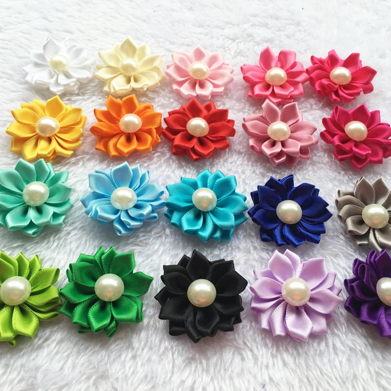 50pcs / lot 20colors Satin Ribbon Multilayers fabric flowers for headbands kid DIY christmas hat shoes dress hair accessories |