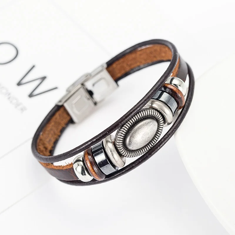 Мужские ювелирные изделия ручной работы винтажный металлический Шарм Кожаный браслет акции продажи браслет из нержавеющей стали