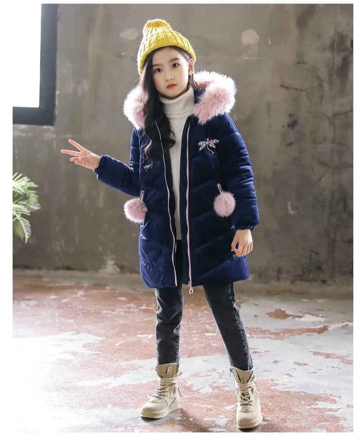 Зимнее пальто для маленьких девочек; одежда для детей; Одежда для девочек; плотная куртка с капюшоном и большим меховым воротником; детская одежда; парки; 2 цвета - Цвет: Синий