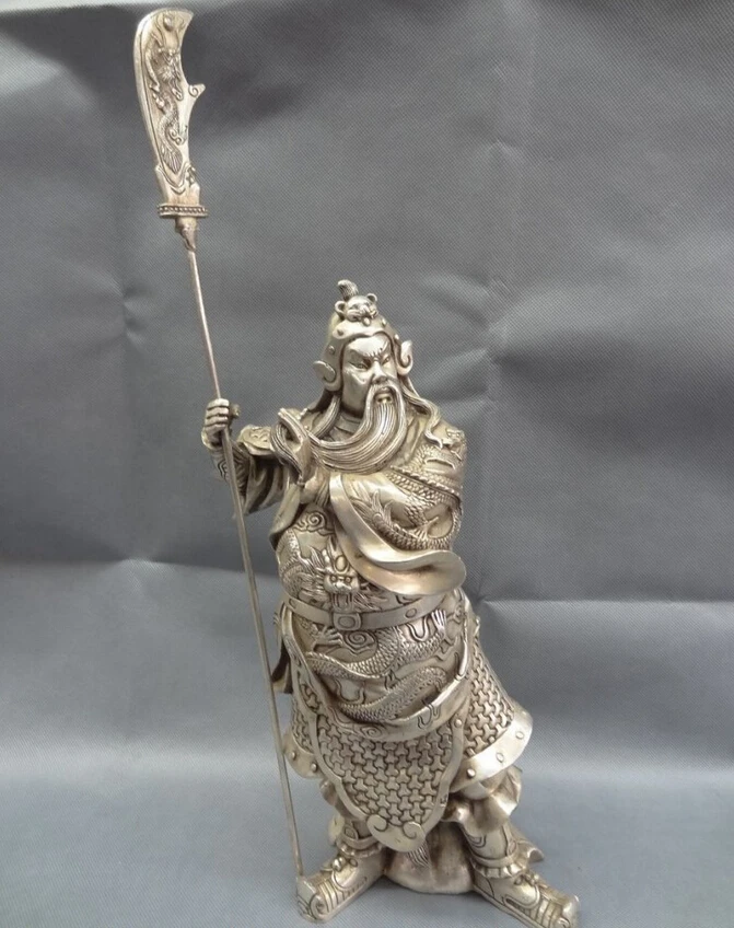 

S5534 14" Chinese Silver Dragon Head Warrior General GuanGong GuanYu Brass Lion Statue D0318