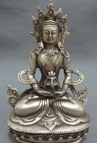 

Fast shipping 6" Tibet Silver Buddhism Amitayus Longevity God Goddess Buddha GuanYin Statue