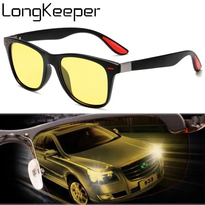 

LongKeeper New Night Vision Sunglasses Men Women Classic Rivet Square Yellow Sun Glasses Car Driving Goggles UV400 Oculos