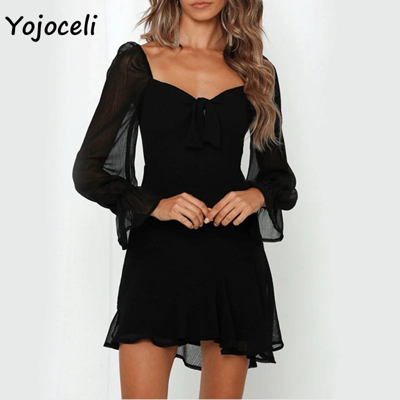 Yojoceli 2019 модное Черное Шифоновое Платье женское мини платье с квадратным вырезом