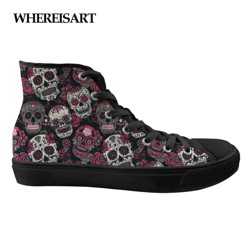 

WHEREISART Trendy Sugar Skulls Brand Designer Women Flats Shoes High Top Casual Sneakers Shoes Woman Spring Vulcanized Shoes