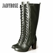 Jady/женские сапоги для верховой езды из натуральной кожи розового и зеленого цвета; женские сапоги до колена; резиновые сапоги на платформе и высоком каблуке; Botas Militares