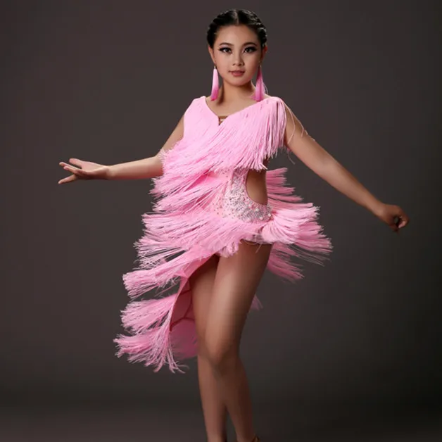 Желтое платье для латинских танцев с блестками и кисточками розовое современное танцевальное платье для девочек танцевальный конкурс Сальса платье для румбы платье для латинских танцев