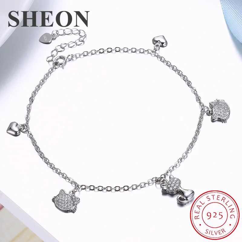 

SHEON Authentic 925 Sterling Silver Cute Cat Heart Charm Anklet 100% Silver Foot Chain Ankle Women Sterling Silver Jewelry