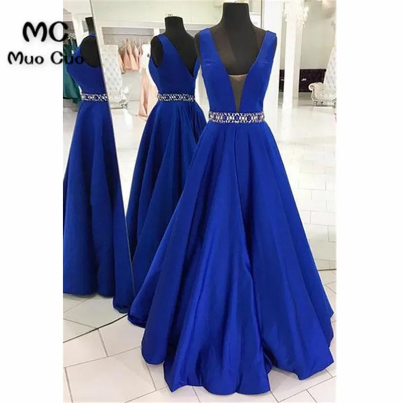 Royal blue satin V neck open back long beaded evening dresses