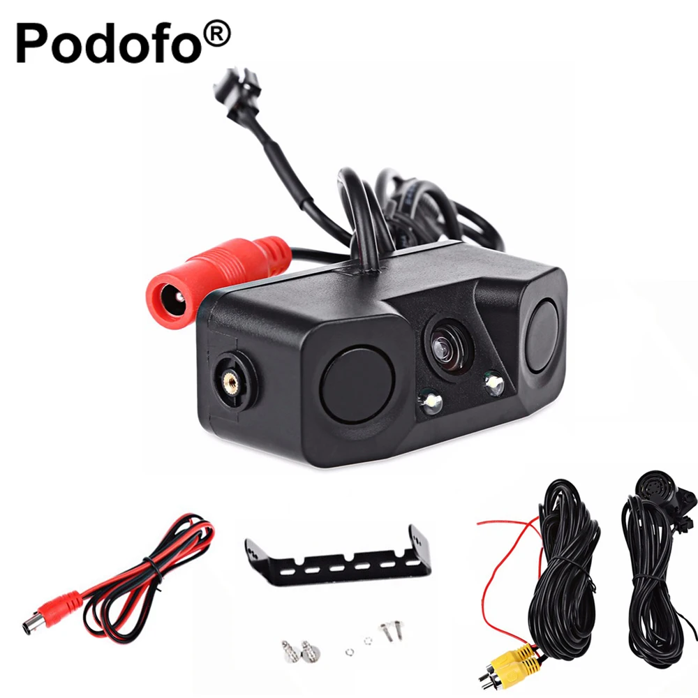 

Podofo Video Parking Car Backup LED Reverse Rearview Camera with 2 Radar Detector Alarm Sensors Parking Assistant System Car Cam