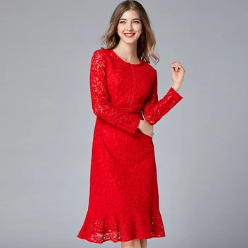 

Summer 2019 Full O Neck Lace Large size Mermaid Dress Elegant Sexy Women Hollow Out Patchwork Night Club Body con Party Dresses