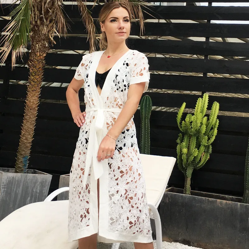 

Lace Hollow Out Waist Strap Long Beach Sun Protection Clothing 2019 Women Summer Cardigan Holiday Casual Long Shirt Women Blouse