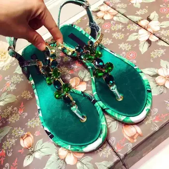 

2019 New Summer Hot Crystal Rhinestone Women Sandals Genuine Leather FLip Flops Sandalias Beach Slippers Chains Decor Flat Shoes