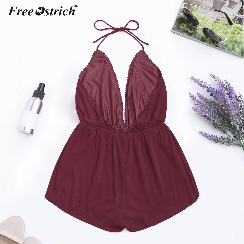 

Free Ostrich Women Halter Open Back Romper Deep V-Ncek Bowknot Playsuits Summer Beach Jumpsuits Female Overalls Clothes