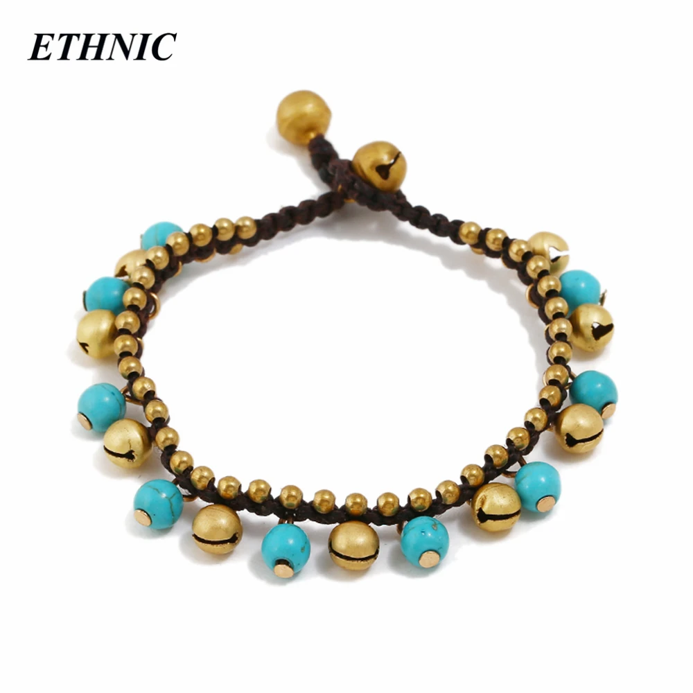 

2018 Vintage Handmade Beaded Wax String Chain Round Stone Bell Charm Bracelets for Women Fashion A Bracelet Wholesales