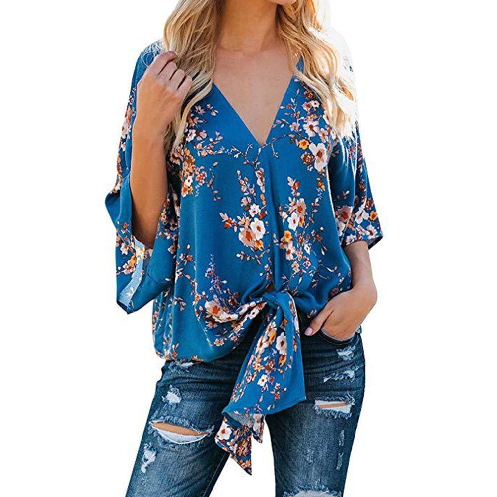 Women Floral Printed Blouse Female Tie Knot Soft Daily Tops Batwing Sleeve V Neck Top Elegant Summer Loose Chiffon Dating Autumn