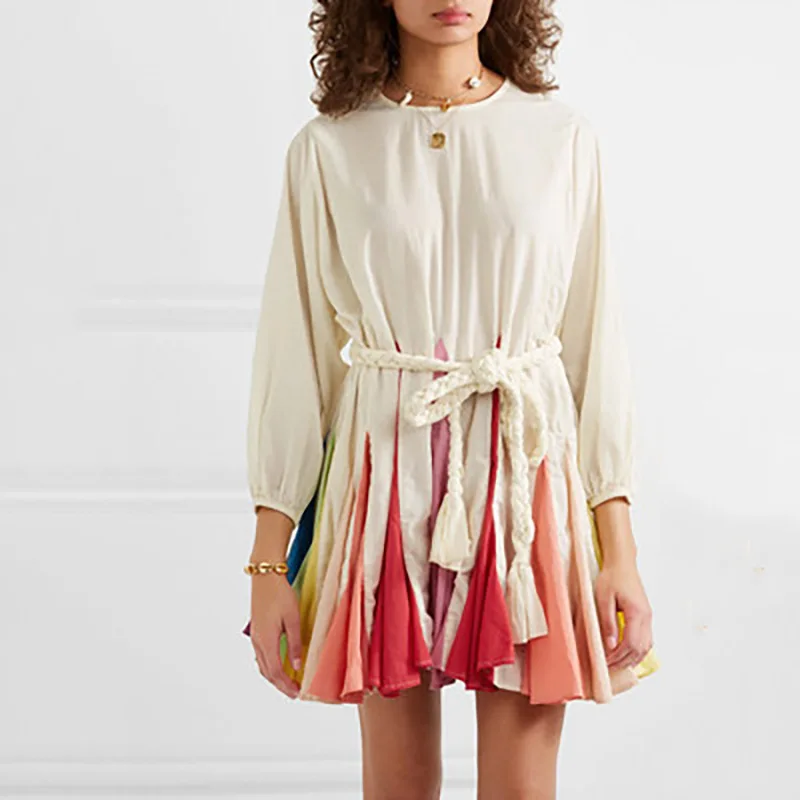 

Long-sleeved Dress 2019 Summer Cotton Bohemian Beach Stitching Color Belted Mini Dress With Belt Rainbow Ruffles Dress