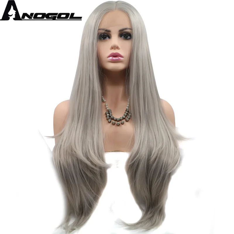

Anogol High Temperature Fiber Cabelo 360 Frontal Full Hair Wigs Ash Grey Long Natural Wave Synthetic Lace Front Wig For Women
