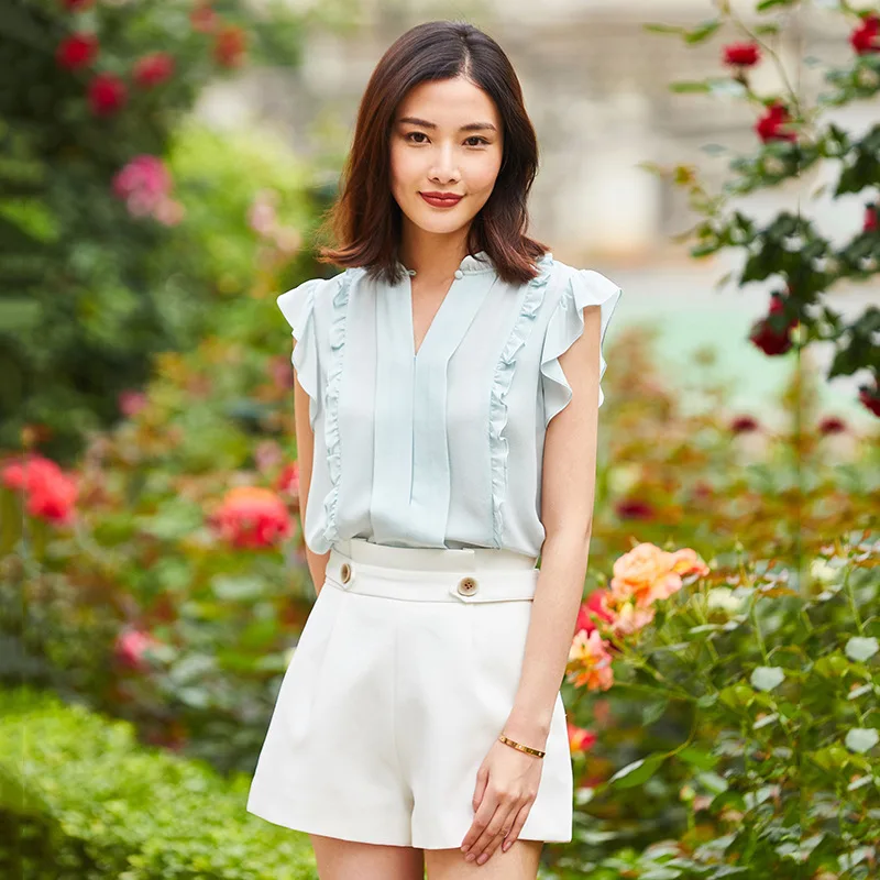 

PIXY Summer 100% Silk T Shirt Sweet Women Ruffles Cute Tees Sky Blue Ladies Tops kawaii Clothes Black Pullover Loose Top polera
