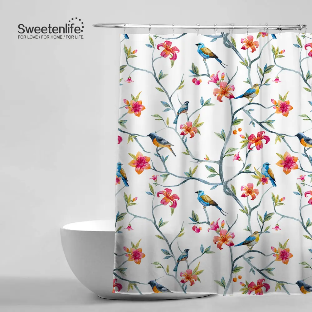 

Flowers And Birds Shower Curtains Bathroom Curtain Pink Blue Tone Waterproof Curtain High Quality Eco-Friendly Bath Curtain
