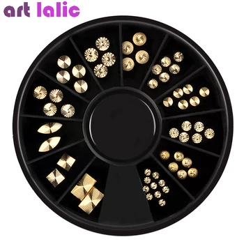 

Gold Rivet Nail Studs 3D Nail Art Decoration Metal Circle Spiral Round Square Triangle Mixed Accessories in Wheel for DIY