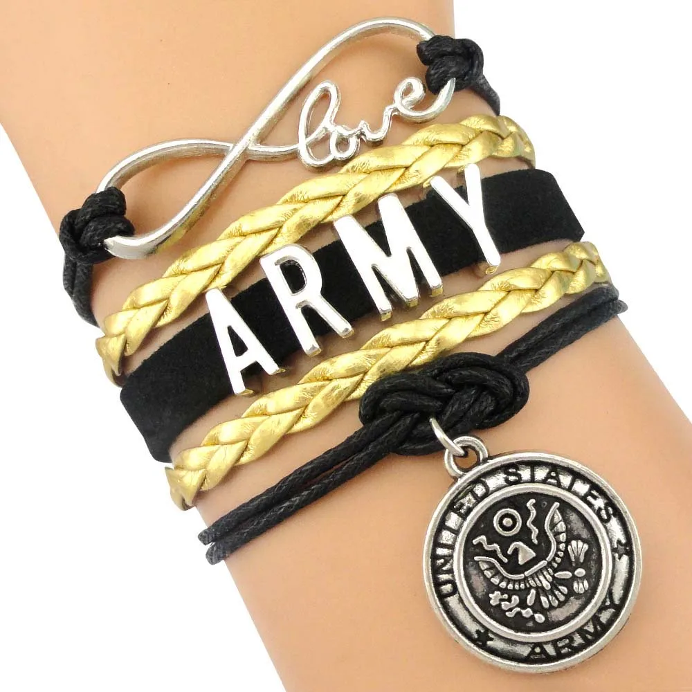

Infinity Love United States Army Wife Mom Silver Heart Charm Handmade Leather Wrap Bracelets for Women