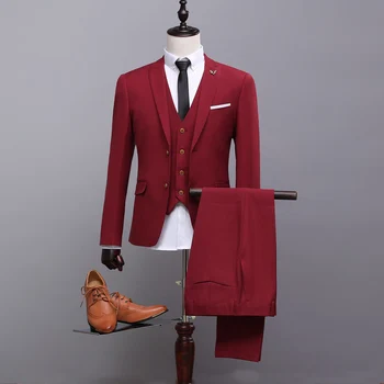 

New Men Suits Slim Fit Wine Red Single Breasted Business Suit Wedding Bridegroom Dinner Party Suit (Jacket+Pants+Tie+Vest) A151