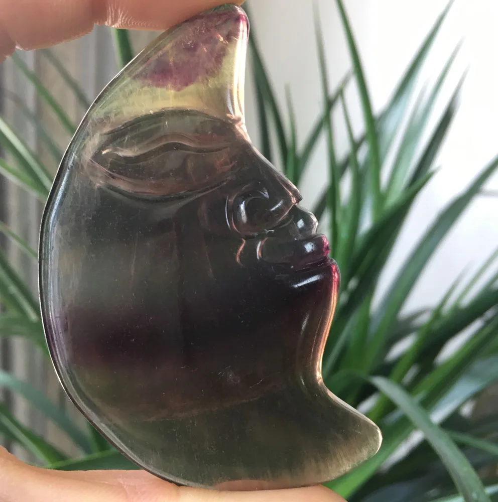 

79g Hot sale natural FLUORITE quartz crystal Moon Face Carved stone GIFT