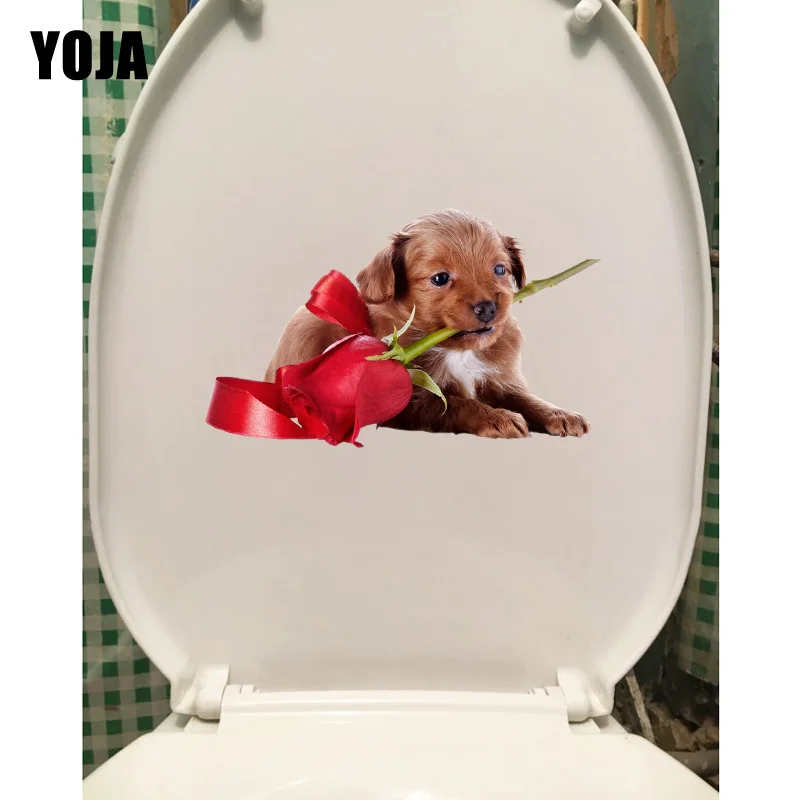 

YOJA 19.8*11.9CM A Dog For Sending Roses Creative Toilet Seat Stickers Home Room Wall Decals T1-0239