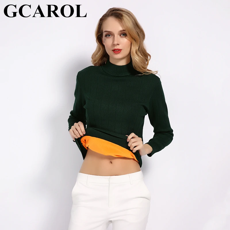 

GCAROL 2019 Fall Winter Women Thick Fleece Sweater Stand Collar Stretch Warm Knit Pullover OL Render Knit Tops Knitwear S-XL