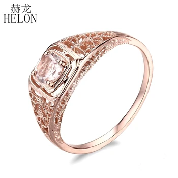

HELON Solid 10K Rose Gold Vintage Style Flawless Round 4.5mm Genuine Lightest Pink Morganite Engagement Ring For Women Jewelry