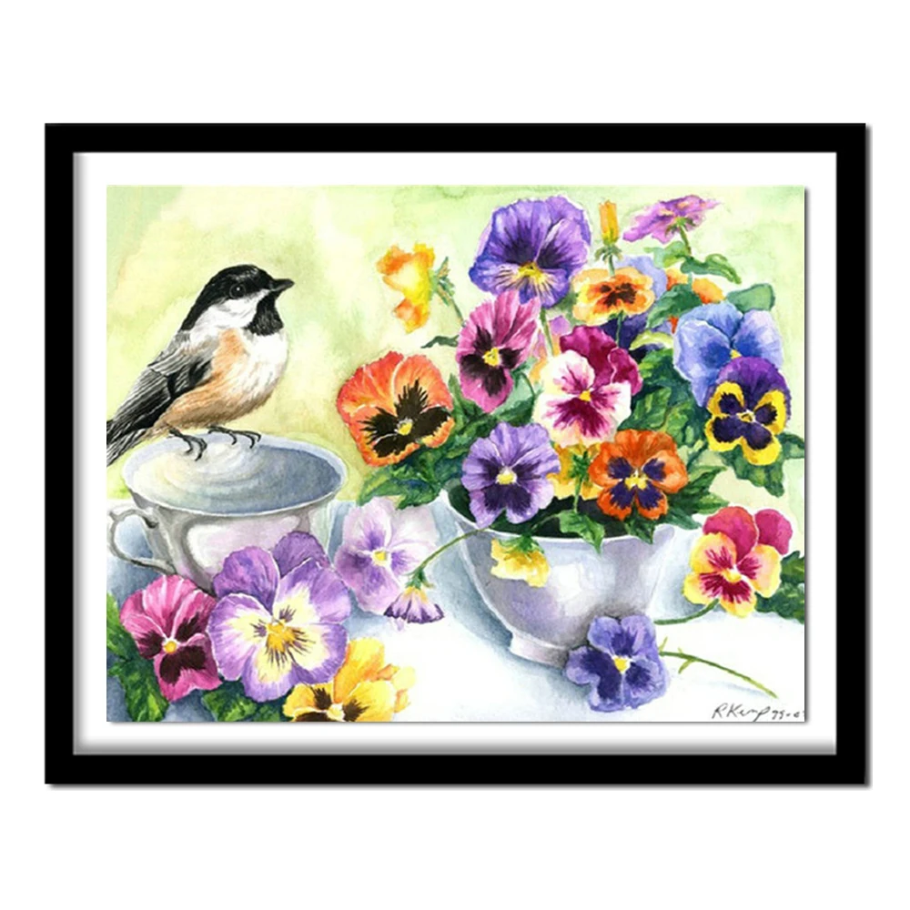DIY square Diamond Painting Cross Stitch Kit Flowers painting rhinestone Embroidery Pansies and birds | Дом и сад