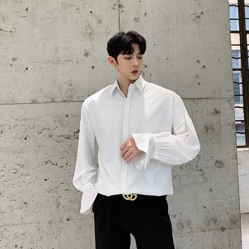 

Men Ruffle Long Sleeve Casual Shirt Streetwear Hip Hop Male Vintage Fashion Dress Shirts Stage Show Clothing