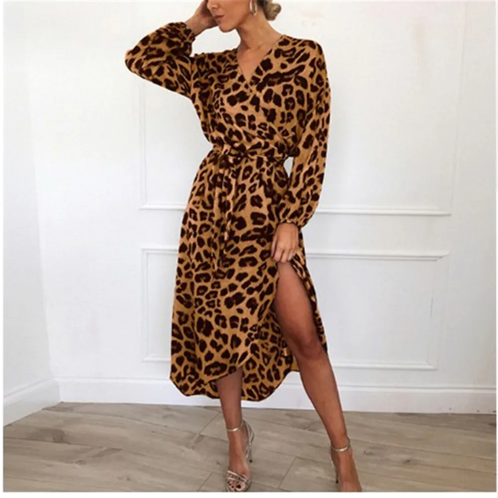

Leopard Dress Women Chiffon Long Beach Dress Loose Long Sleeve Deep V-neck A-line Sexy Party Dress Vestidos De Fiesta for