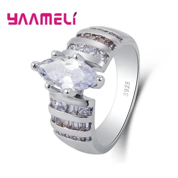 

New Fashion 925 Sterling Silver-Color Ring White Long Oval Cubic Zirconia Lady's Party Finger Rings Free Shipping