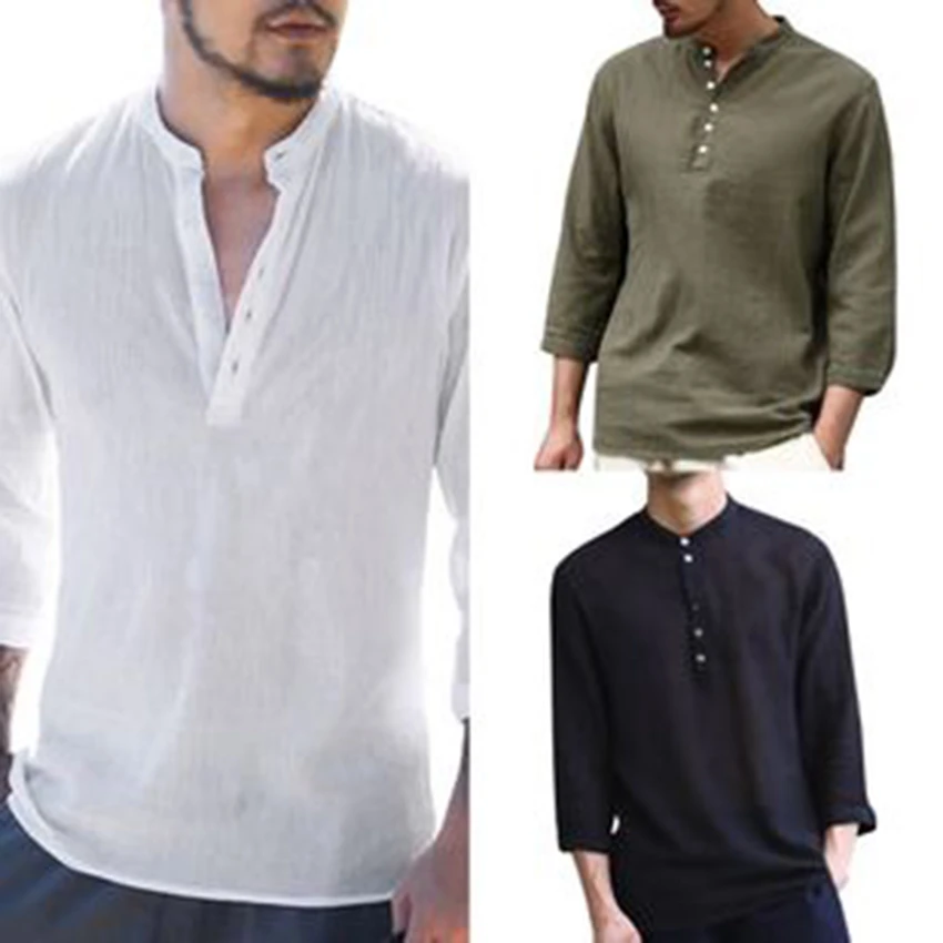 de manga 3/4 con cuello para hombre, ropa Hipster a la moda, informal, con botones y cuello en fresca, de verano|Camisas informales| - AliExpress