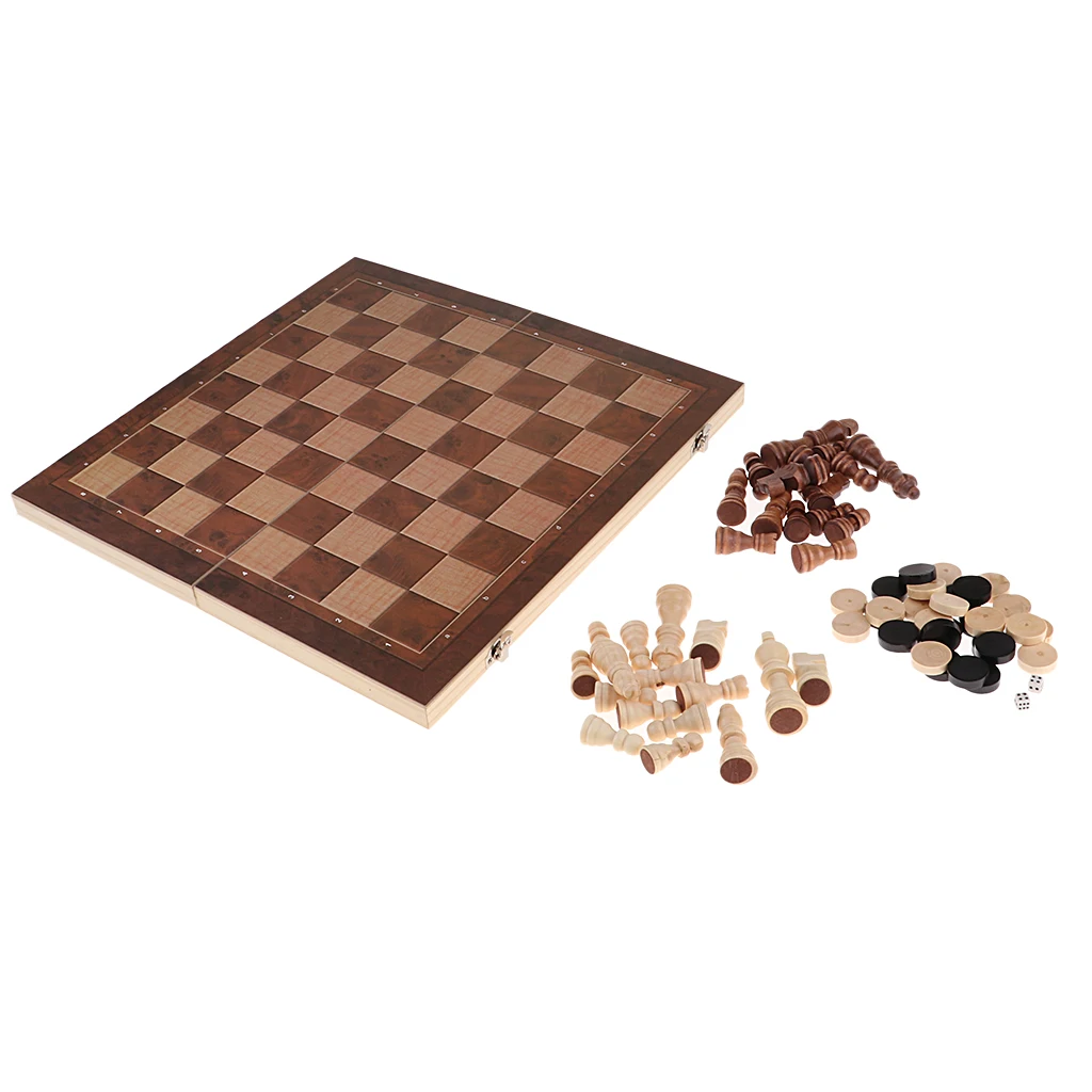 Wooden Portable Foldable 3 in 1 Chess Checkers and Backgammon Pieces Travel Game Set Education Toys 39x39cm