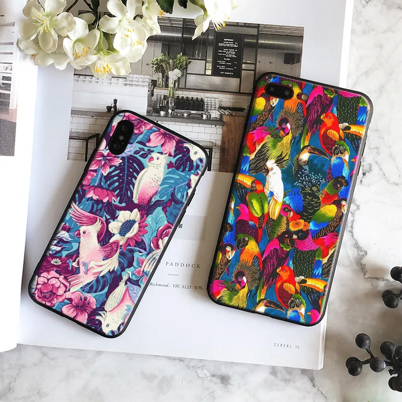 

Flora Fauna Art Colorful parrot Coque Soft Silicone Phone Case Cover Shell For Apple IPhone 6 6S 6Plus 6sPlus 7 7Plus 8 8Plus X