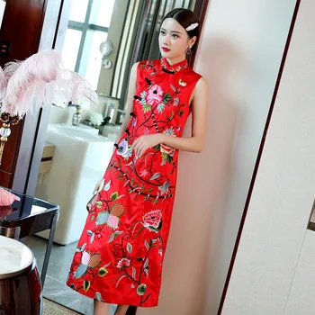 

Vintage Red Dress Women Summer Sleeveless Stand Collar Flower Embroidery Chinese Style Elegant Long Dress S-2XL