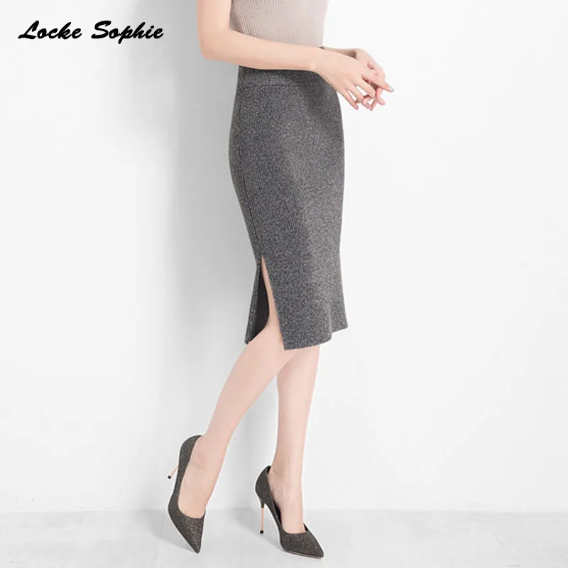 

1pcs Hight waist Women Pencil knit skirts 2019Autumn Knitted cotton Splicing Fork opening Sexy Pencil skirt Ladies Skinny skirts