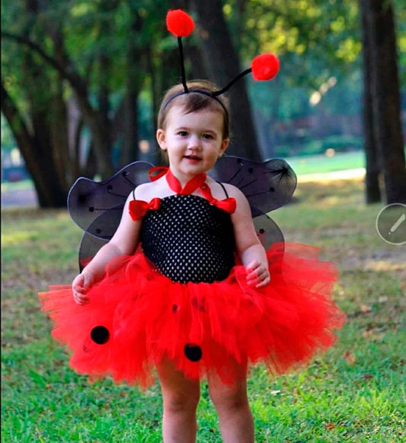 

Cute Girls Ladybug Tutu Dress Baby 2Layers Tulle Tutus with Butterfly Wings Set Kids Party Dresses Cartoon Cosplay Costume Cloth
