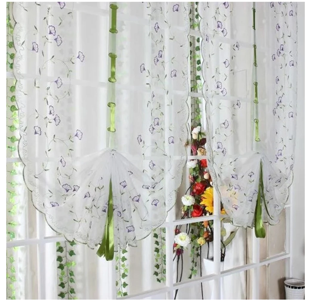 Белая вышитая вуалевая ткань тюль Шторы для кухни спальни гостиной окна римские шторы фиолетовый цветочный узор