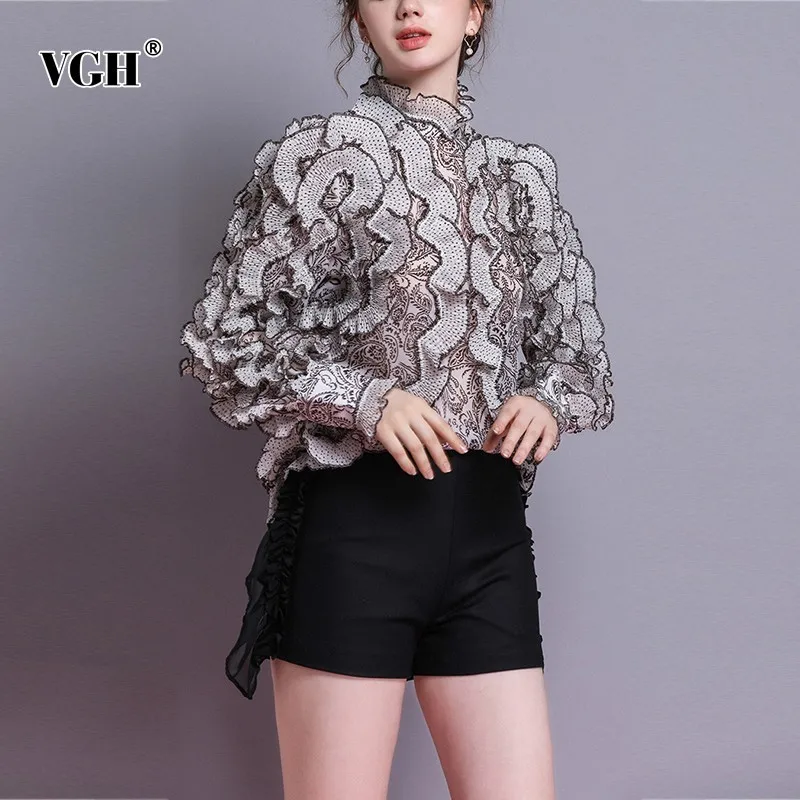 VGH الكورية نقطة طباعة قميص للنساء الوقوف طوق طويلة الأكمام الكشكشة زيبر فضفاض بلوزة أعلى الإناث أزياء جديد 2019 الصيف