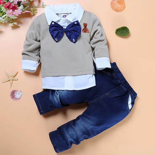 Осенний комплект одежды из джинсовой ткани для мальчиков рубашка с длинными рукавами и галстуком-бабочкой джинсы + брюки комплект детской