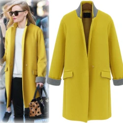 Британский стиль, бренд, новая мода, осень/зима, желтый, темно-синий цвет, простое шерстяное длинное пальто со стоячим воротником, Женское пальто, манто для женщин