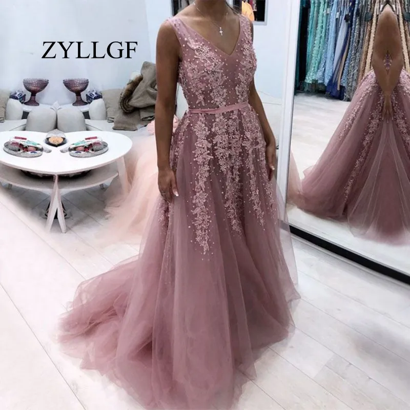 ZYLLGF Длинные Сексуальные вечерние платья 2019 трапециевидной формы с круглым вырезом с длинными рукавами и аппликацией из бисера, платье на